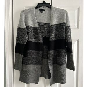 Atmosphere Cozy Striped Open Front Cardigan Grey Black Color Block Sweater